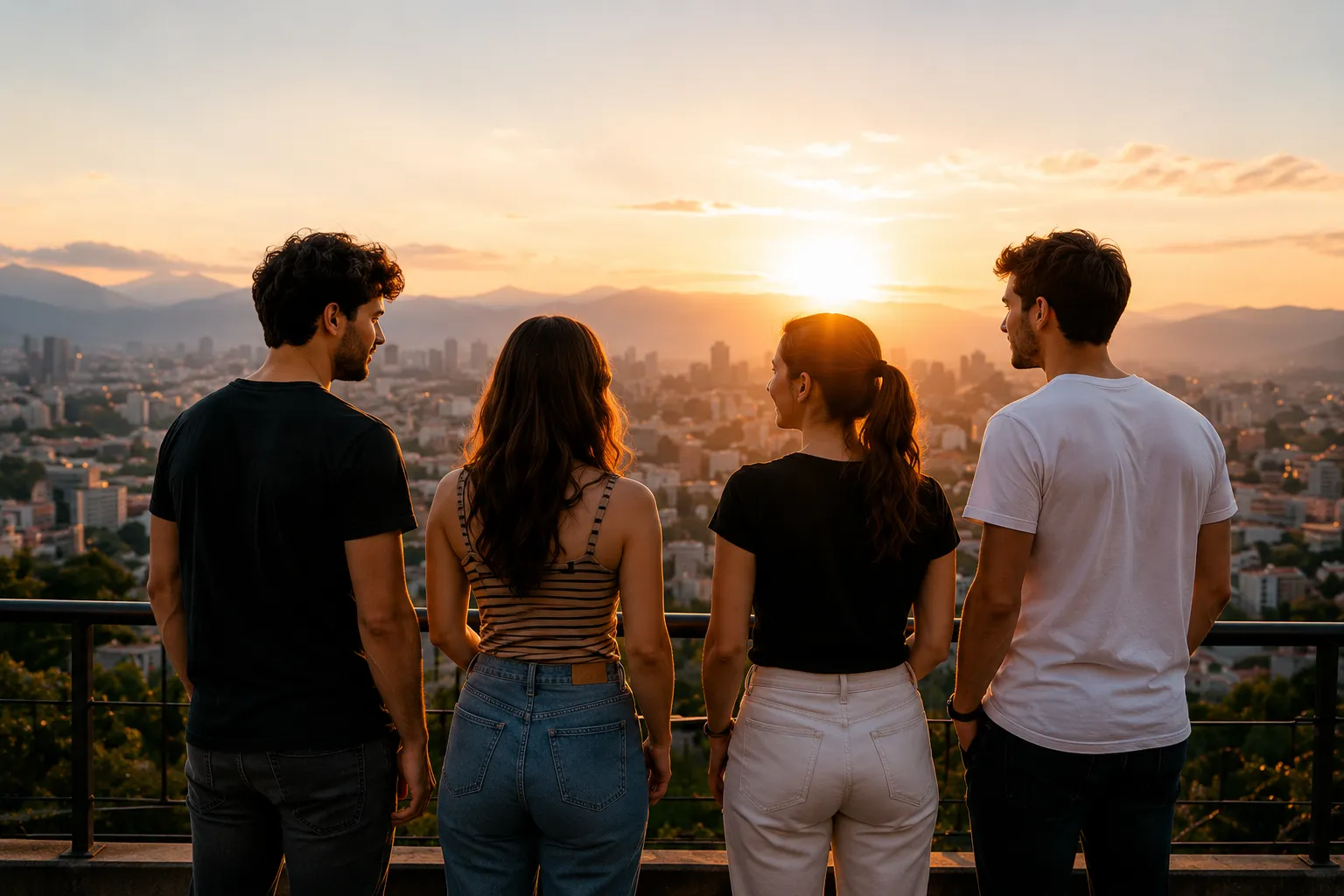 Amigos mirando el skyline de la ciudad al atardecer