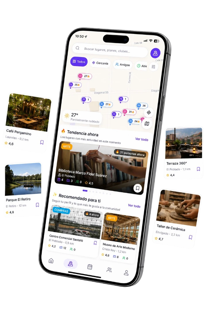 Mockup del teléfono con la app ParchesNow: mapa de la ciudad, planes en tendencia y navegación.